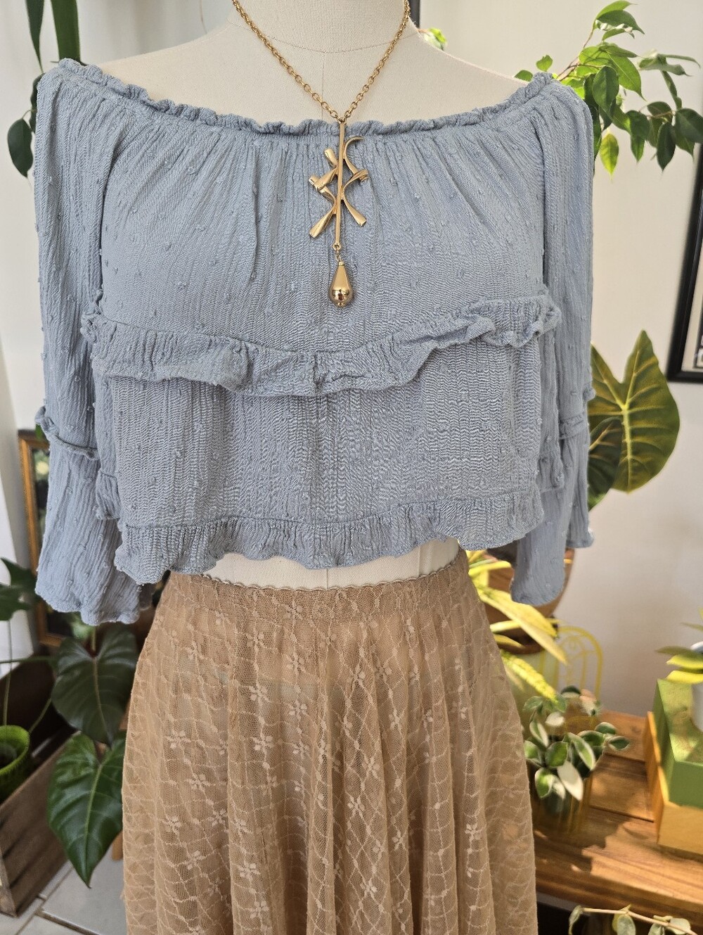 Love Tree Dusty Blue Swiss Dot Off Shoulder Boho Crop Top Medium
